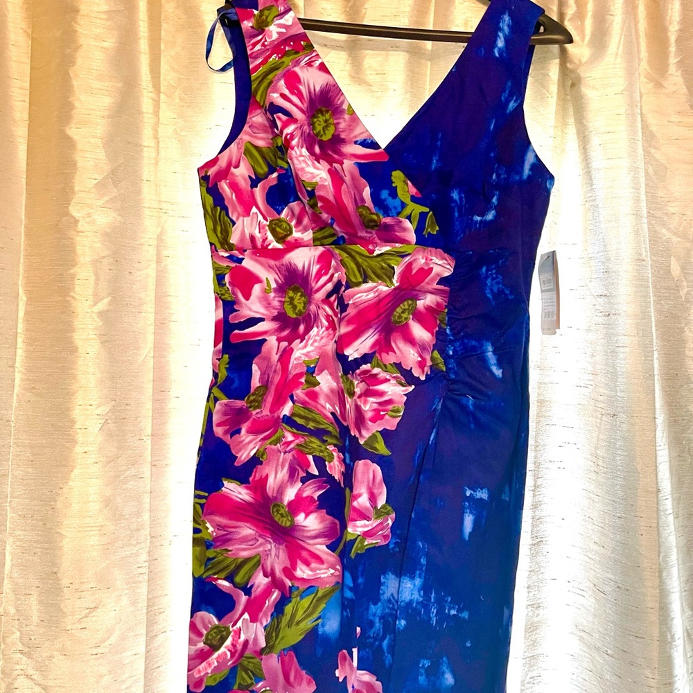 Donna Ricco Asymmetrical Blue Dress with Pink Floral Design